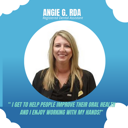 Angie O, RDA dental professional headshot with quote about improving oral health at Oxford Dental.
