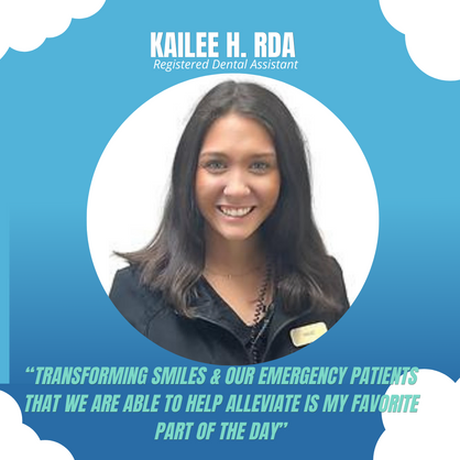 Kailee H., RDA, smiling dental professional with dark hair against blue background at Oxford Dental
