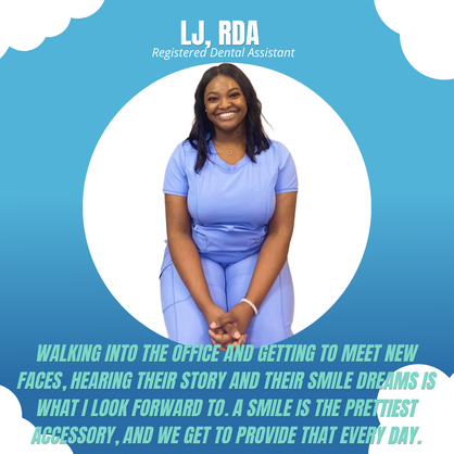 L.J. RDA, Registered Dental Assistant, smiling in professional purple scrubs in office setting.
