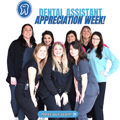 Dental assistant team smiling at camera during Dental Assistant Appreciation Week celebration at Oxford Dental office.